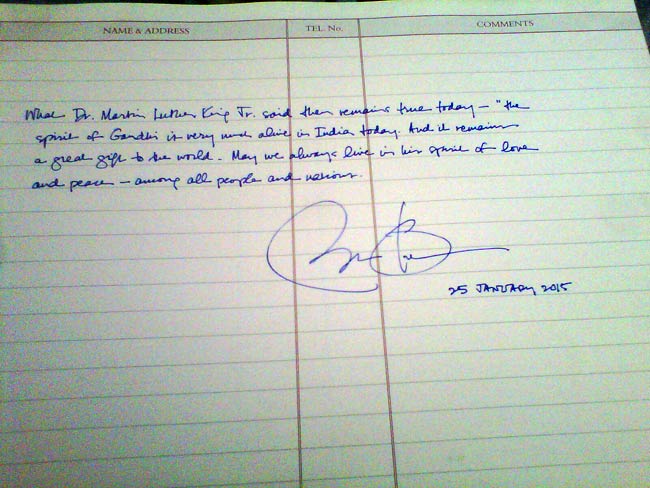 ಬರಾಕ್ ಒಬಾಮ ರಾಜ್ ಘಾಟ್ ನಲ್ಲಿ ಬರೆದದ್ದು ... 